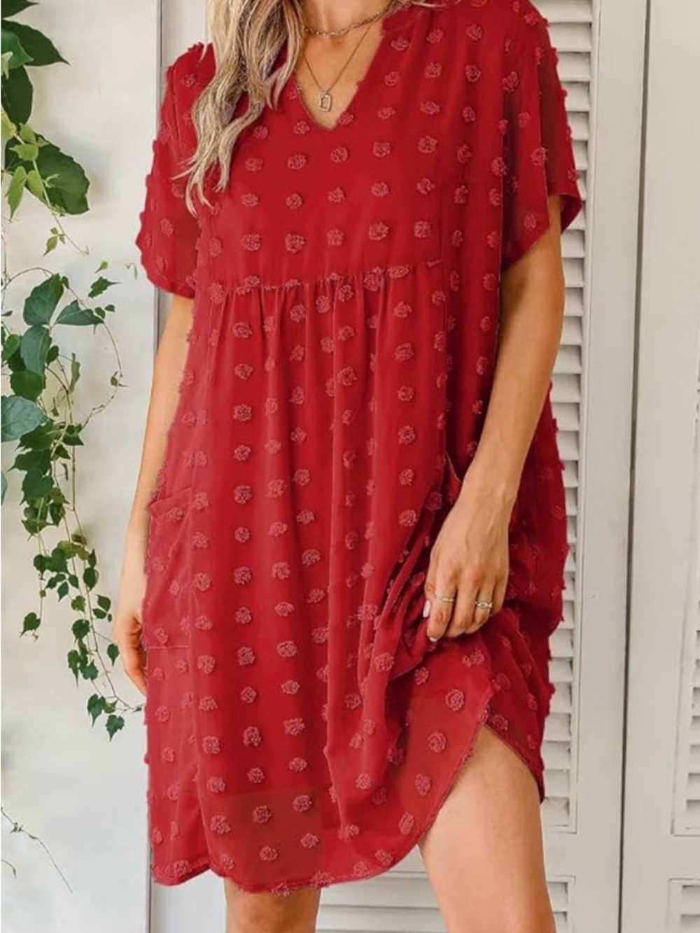Red Textured V-Neck Mini Dress with Pockets
